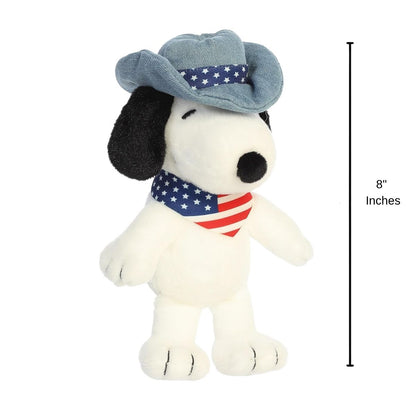 Image 5 (Measurement view): The Americana Snoopy plush toy standing next to an 8-inch height graphic indicator.