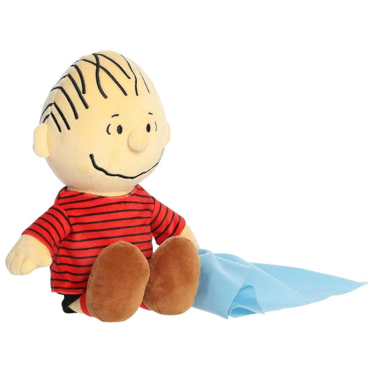 Front view thumbnail of the cute Linus van Pelt plush sitting straight, highlighting his stitched facial expression, hair lines, and light blue blanket.