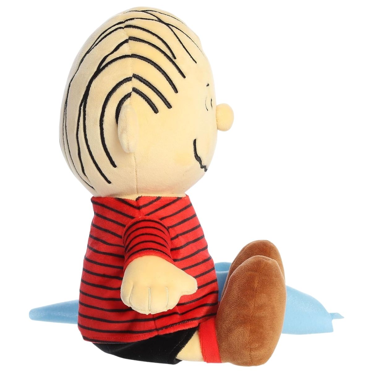 Side profile view thumbnail of the 12-inch Linus plush showcasing his rounded head, red striped shirt, black shorts, and brown shoes.