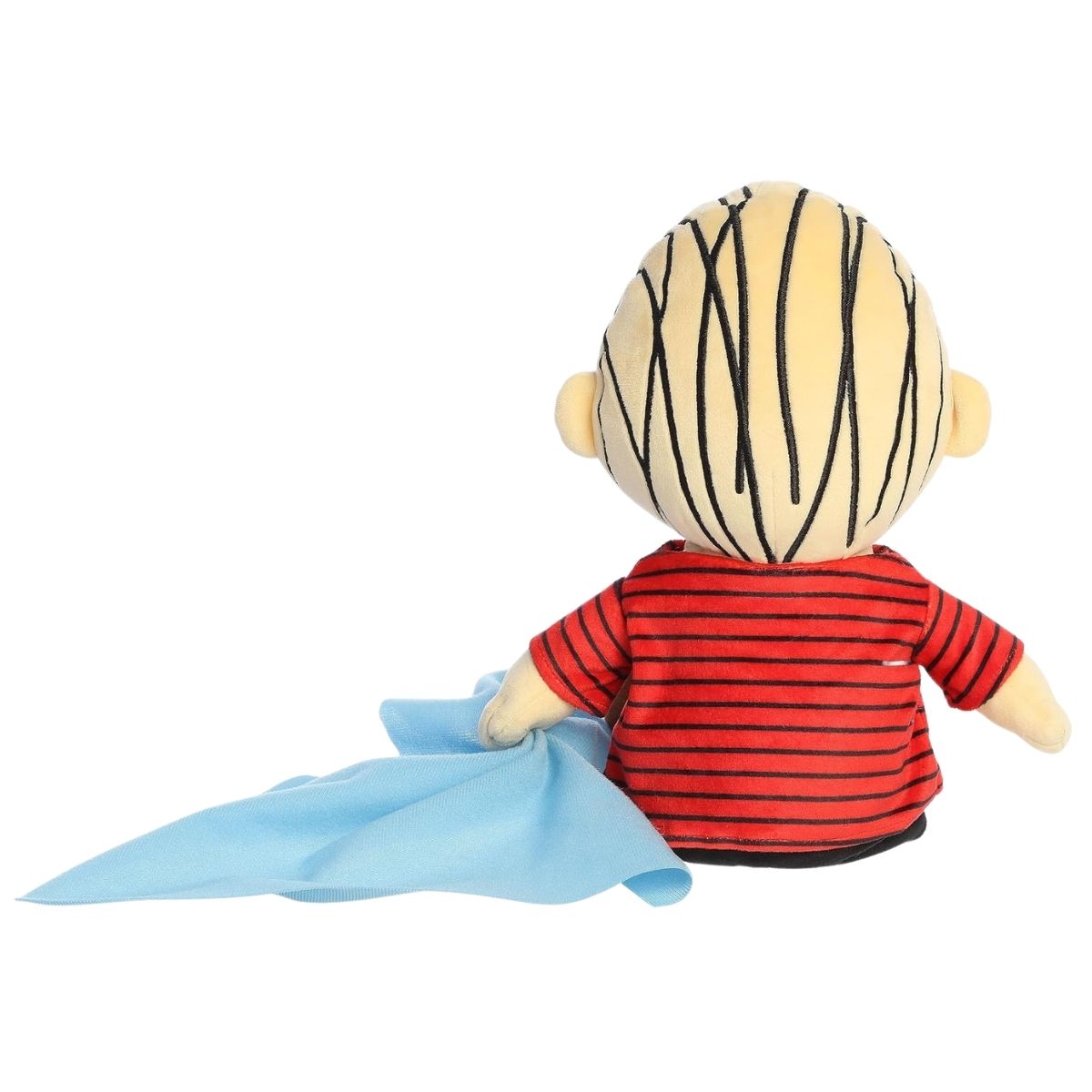 Rear view thumbnail of the Aurora Linus stuffed toy displaying the back of his red and black striped shirt and draped blue blanket.