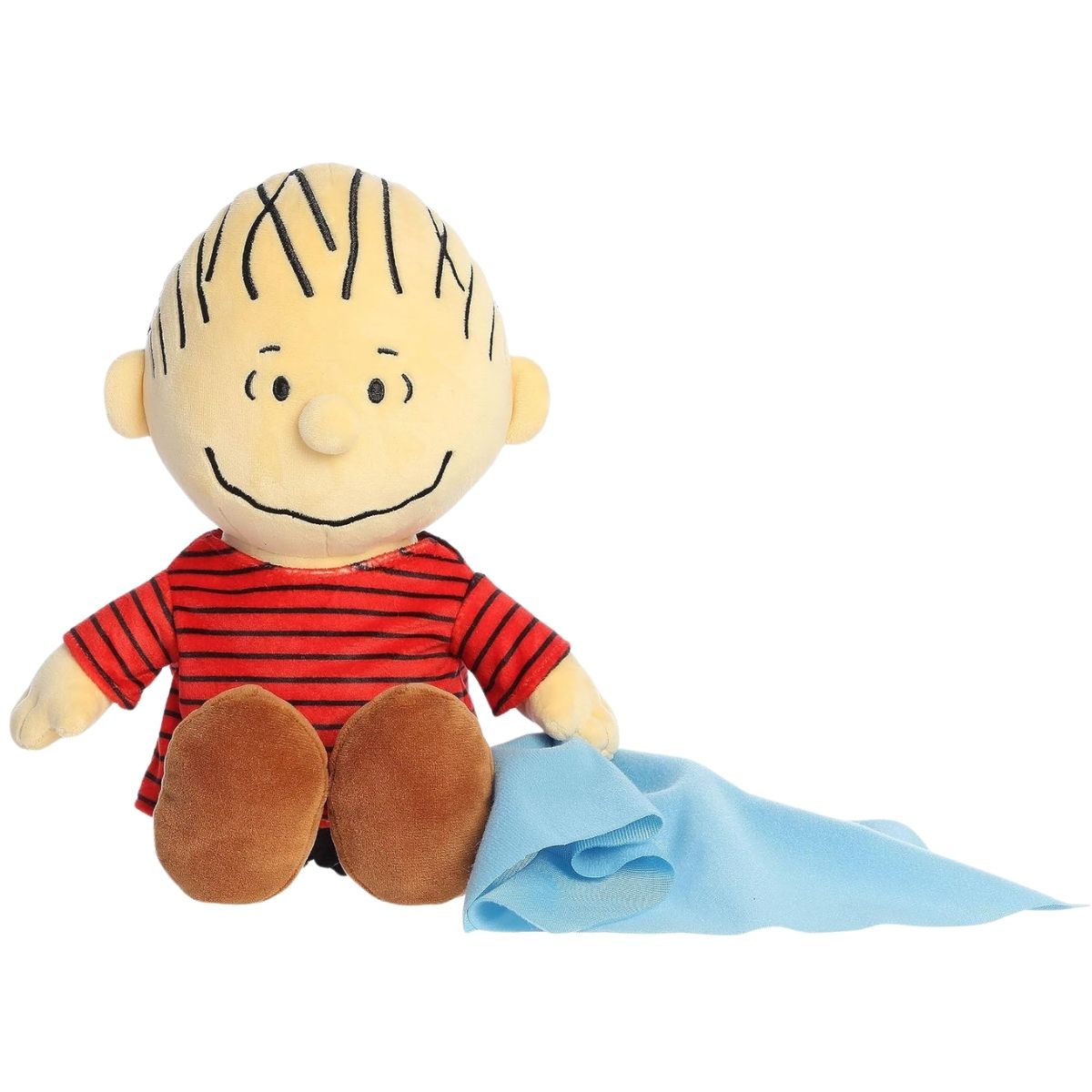 Aurora 12-inch Peanuts Linus plush toy sitting upright in his red and black striped shirt, holding a long light blue security blanket.