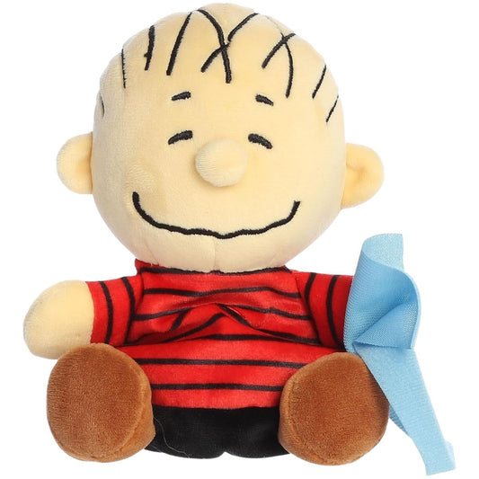 Front view thumbnail of the cute Linus plush sitting straight, highlighting his stitched smile, black hair details, and light blue blanket.