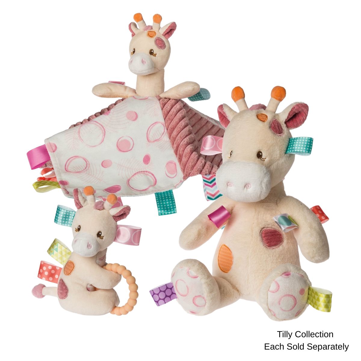 Mary Meyer giraffe-themed plush toys with tags on a white background, labeled 'Tilly Collection'.