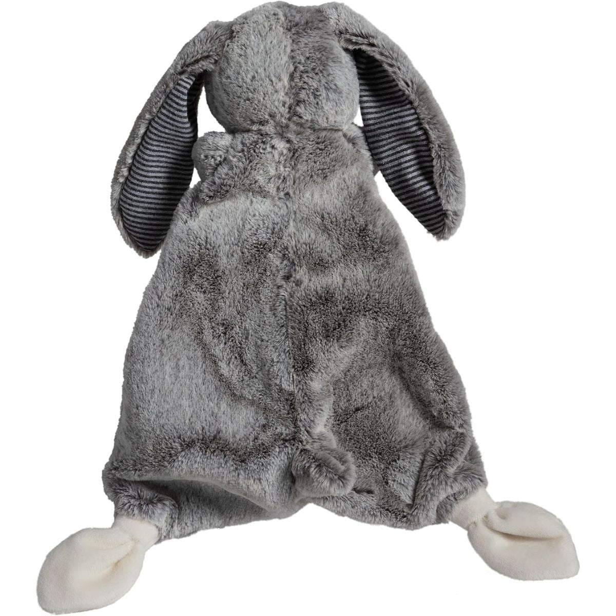 Close up of the long floppy ears and striped fabric lining on the grey bunny lovey.