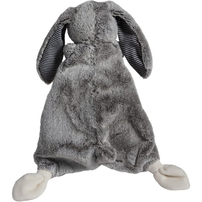 Close up of the long floppy ears and striped fabric lining on the grey bunny lovey.