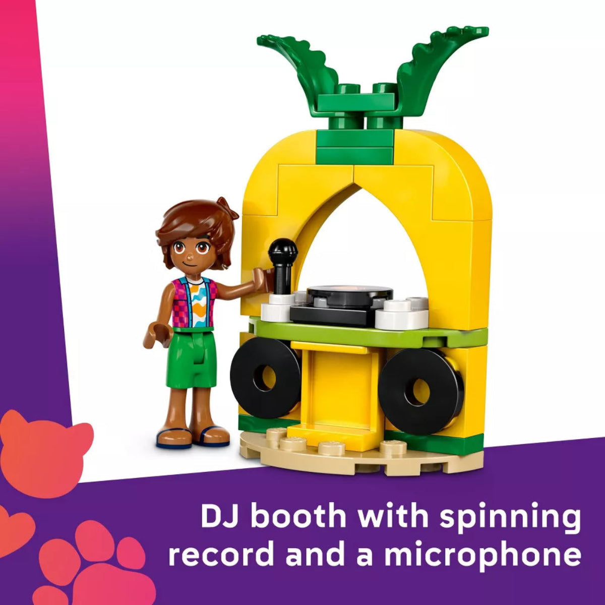 LEGO DJ booth with spinning record and microphone on a purple background
