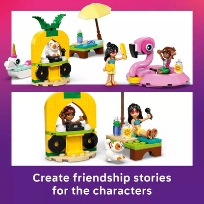 LEGO set with characters on a beach, including a pineapple-shaped umbrella and flamingo float.