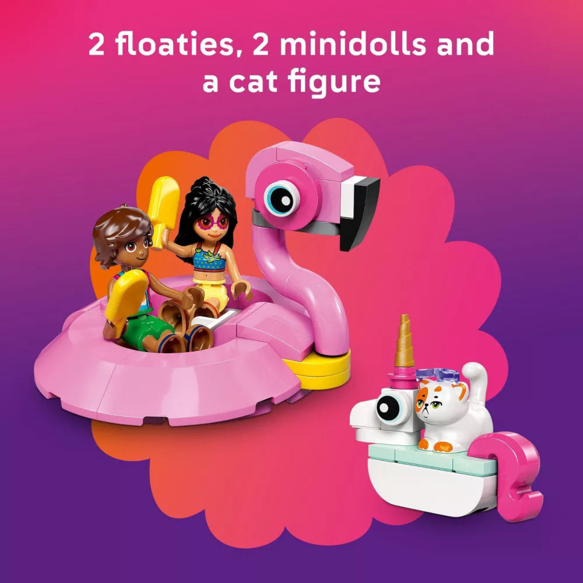 Toy set with flamingo floatie, minidolls, and cat figure on a pink and purple background