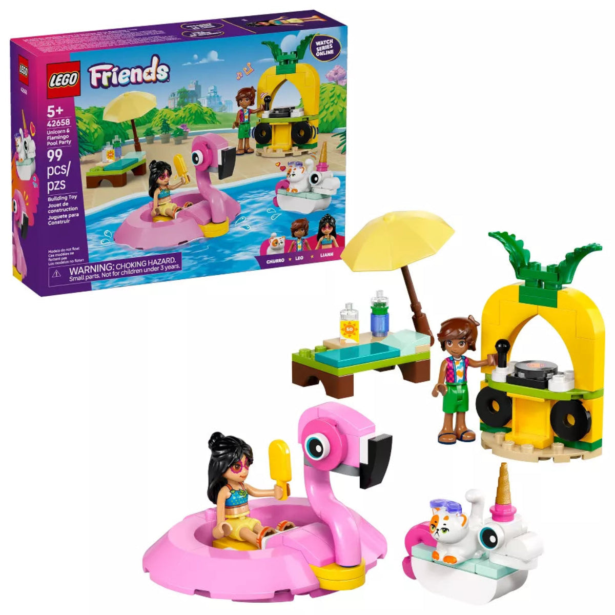 LEGO Friends set with flamingo float, beach umbrella, and palm tree structure on a white background.