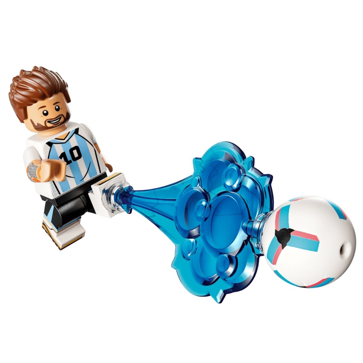 The Lionel Messi minifigure executing a power shot with a translucent blue blast motion effect piece and a soccer ball.