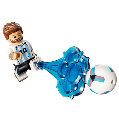 The Lionel Messi minifigure executing a power shot with a translucent blue blast motion effect piece and a soccer ball.