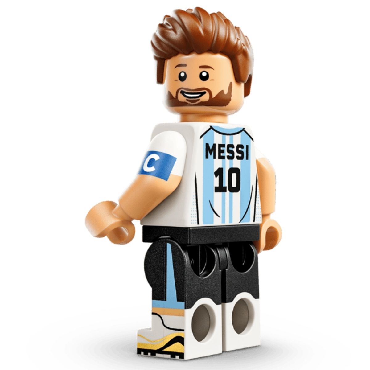 Close-up rear shot of the LEGO® Lionel Messi minifigure showing his blue and white Argentina jersey with number 10.