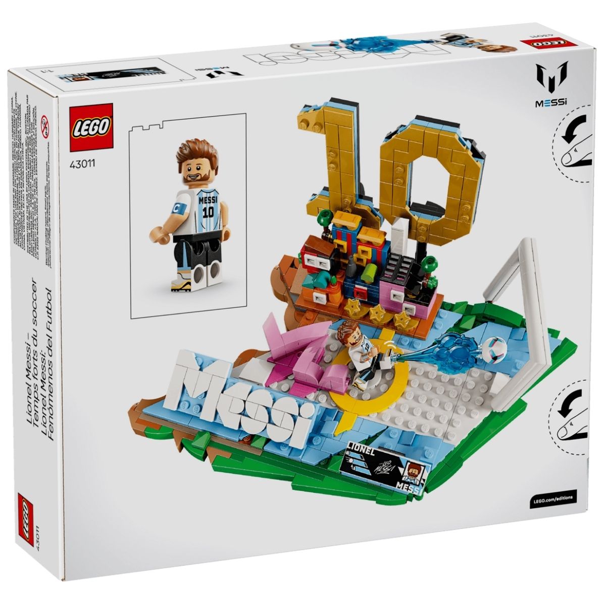 Front perspective view of the white official LEGO® Editions Lionel Messi soccer highlights retail box.