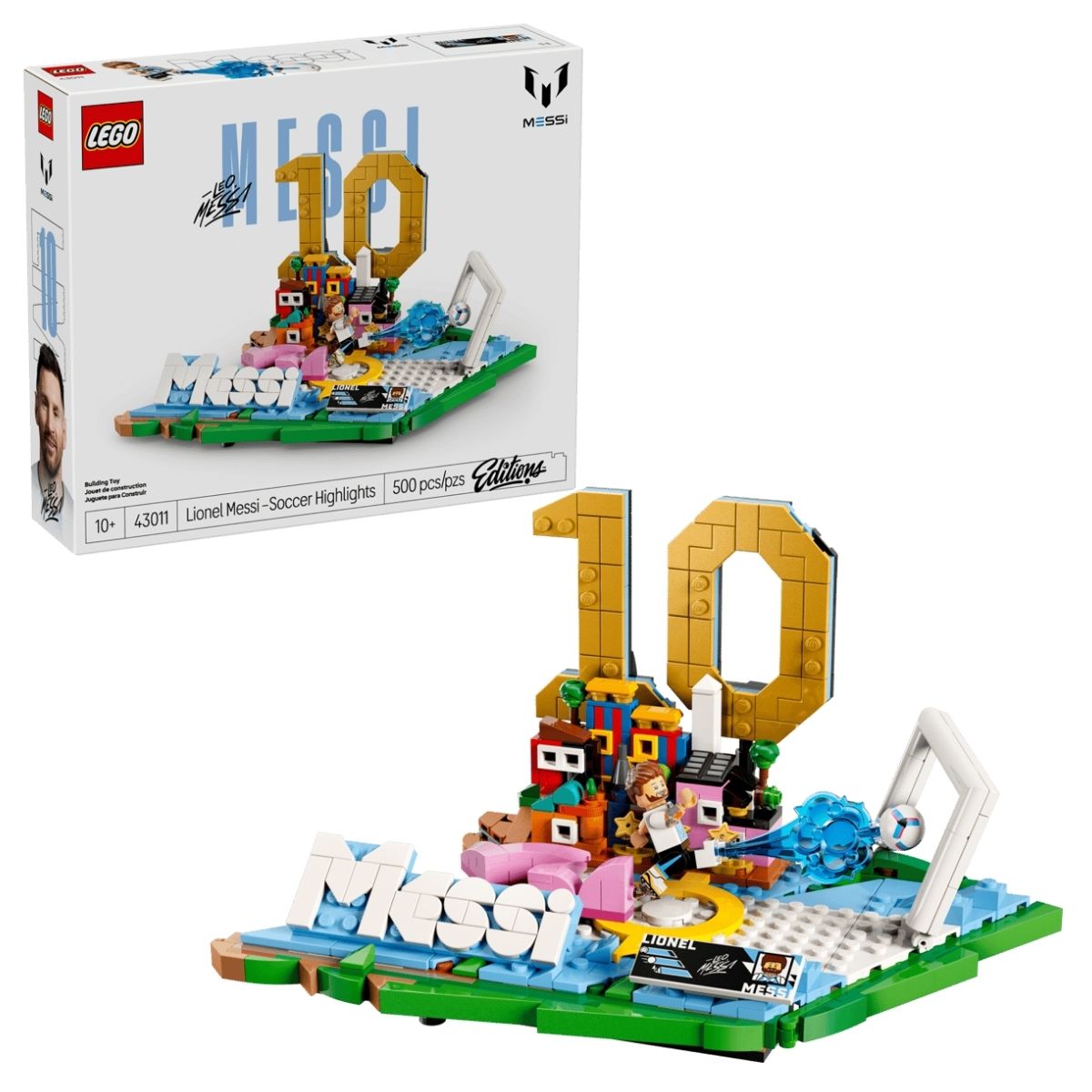 LEGO® Editions Lionel Messi set 43011 retail box packaging next to the constructed Argentina tricolor initial display base with a number 10.