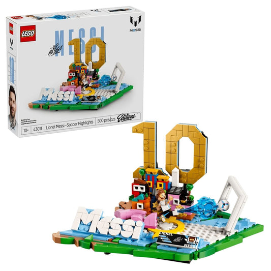 LEGO® Editions Lionel Messi set 43011 retail box packaging next to the constructed Argentina tricolor initial display base with a number 10.