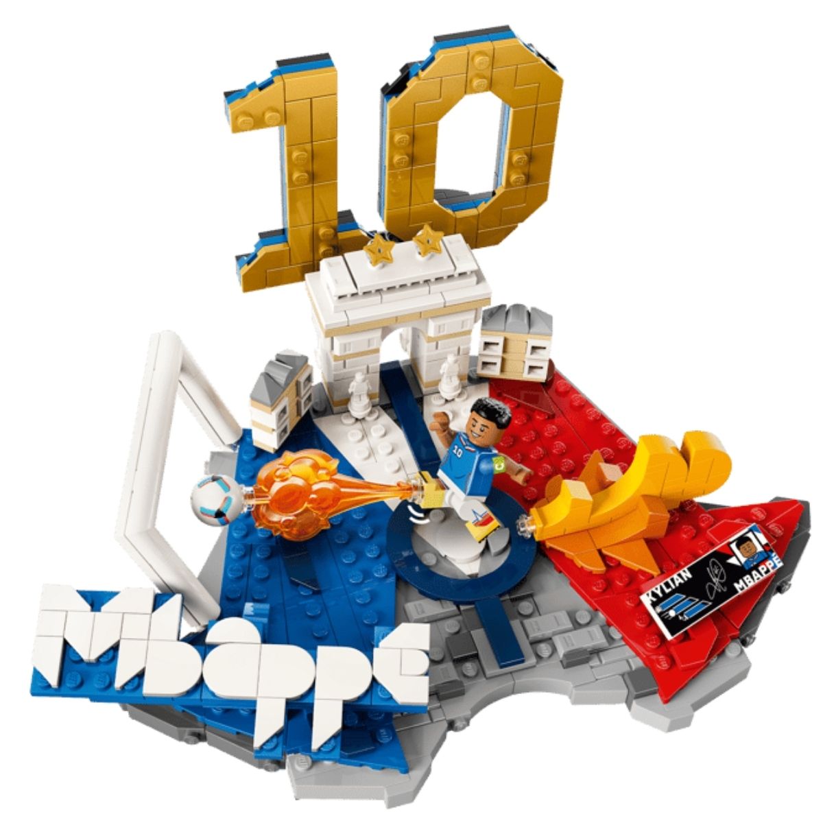The assembled LEGO® Kylian Mbappé soccer highlights model featuring a mini Arc de Triomphe, nameplate, and a large gold 10.