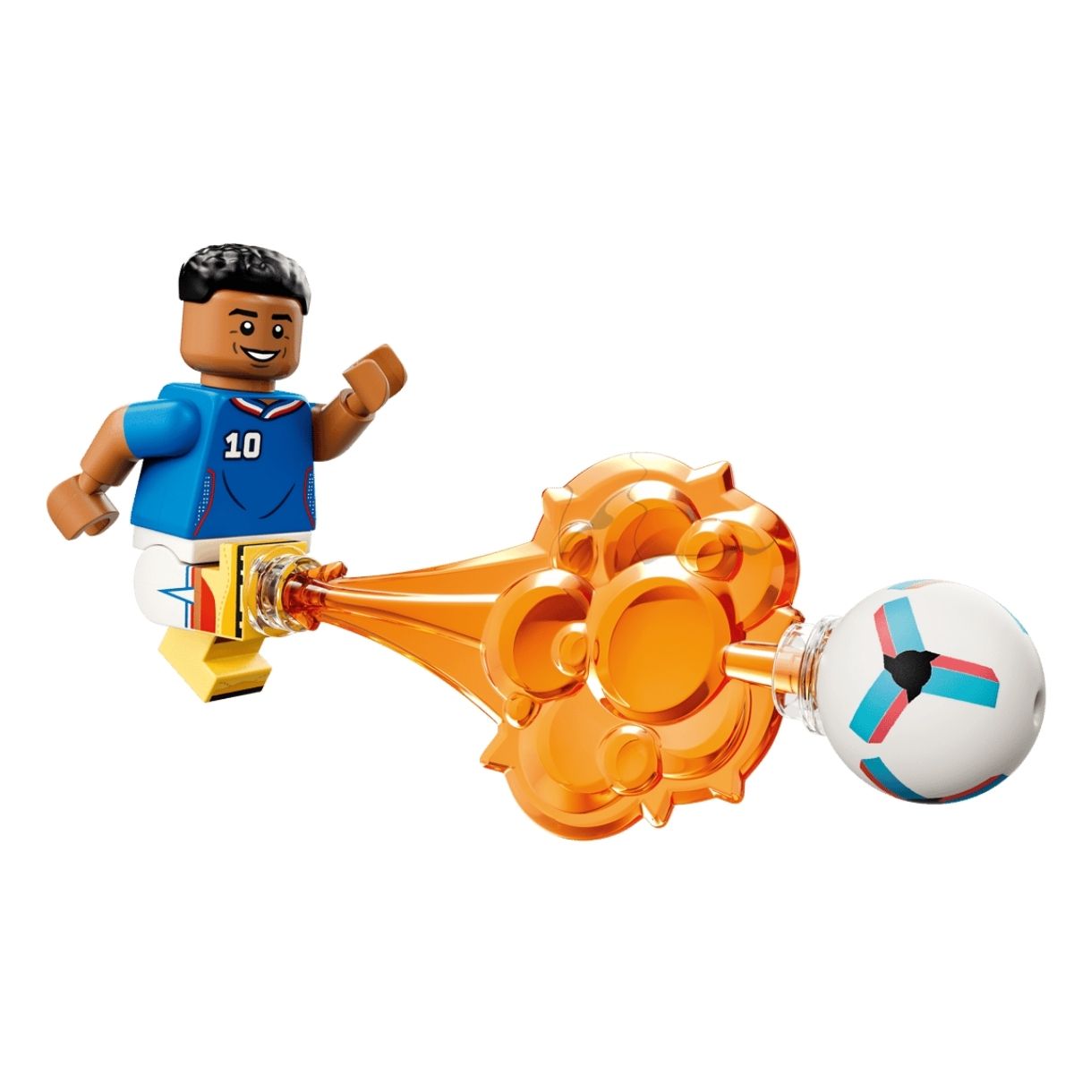 The Kylian Mbappé minifigure executing a power kick with an orange blast motion effect piece and a soccer ball.