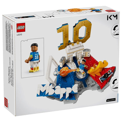 Front perspective view of the white official LEGO® Editions Kylian Mbappé soccer highlights retail box.