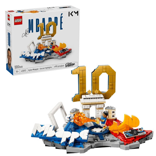 LEGO® Editions Kylian Mbappé set 43013 retail box packaging next to the constructed French national team display base with a number 10.