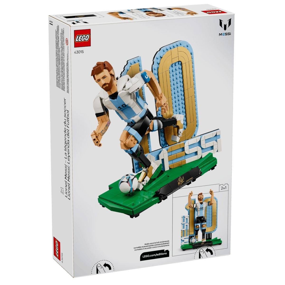 The back angled view of the official white LEGO® Editions Lionel Messi retail box packaging.