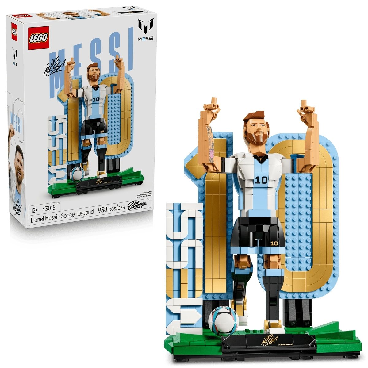 LEGO® Editions Lionel Messi set 43015 showing the packaging box alongside the assembled figure doing his skyward goal celebration.