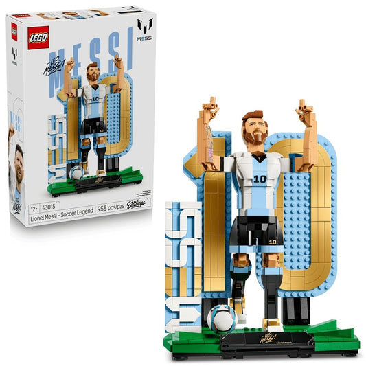 LEGO® Editions Lionel Messi set 43015 showing the packaging box alongside the assembled figure doing his skyward goal celebration.