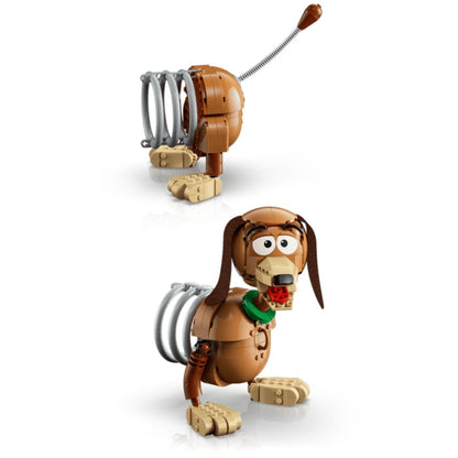 Two split views demonstrating how the brick-built Slinky Dog can separate into two functional front and back bookends.