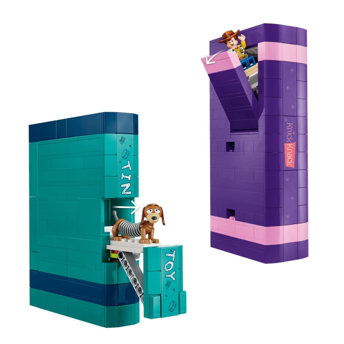 Graphic demonstrating the sliding drawer mechanism inside the blue and purple books revealing hidden micro figures.