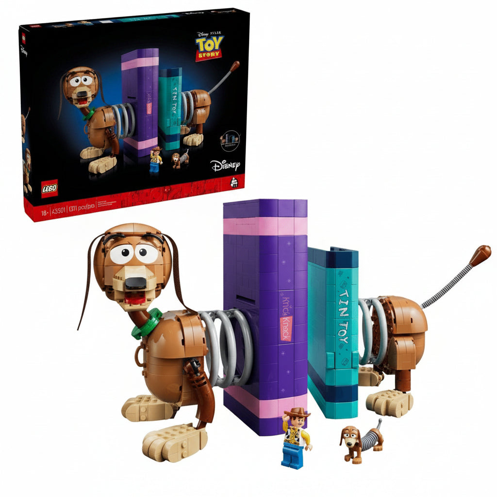 LEGO® Toy Story set 43301 packaging box next to the assembled Slinky Dog bookends holding a Woody minifigure.