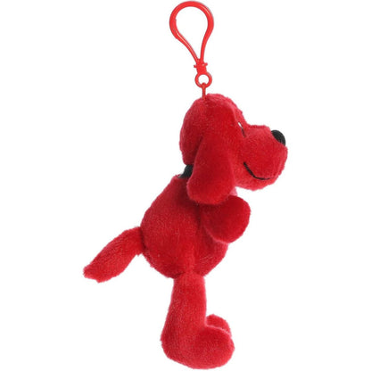 Side profile view of the Clifford plush backpack clip showing his floppy ear, black collar, and little tail.