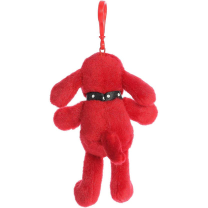 Back view of the Aurora Clifford keychain showcasing his soft red plush body and black collar.