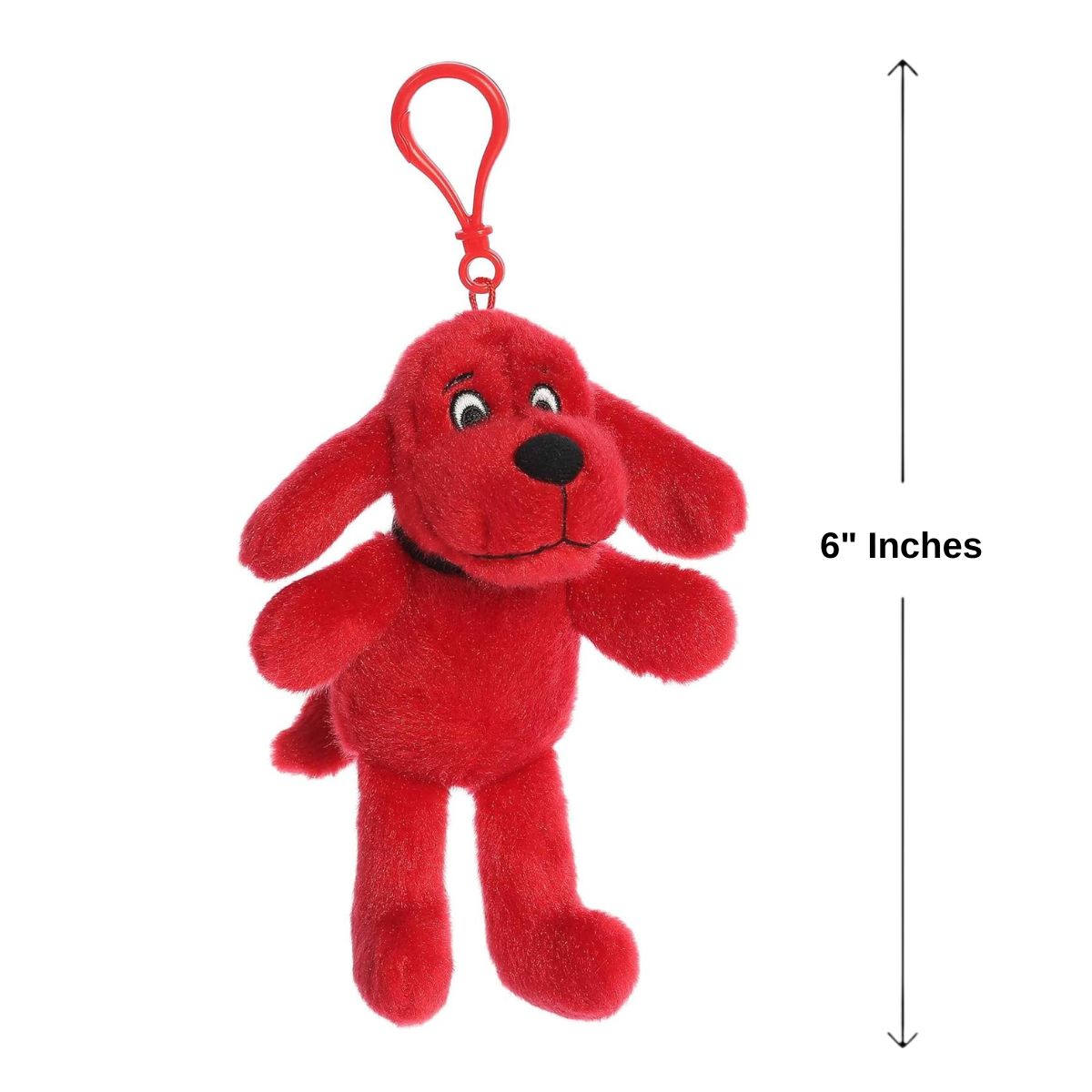 Sizing graphic showing the 6-inch Clifford the Big Red Dog plush keychain alongside a measurement line to demonstrate its compact scale.