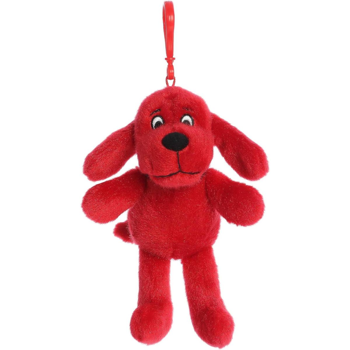 Front view of the 6-inch Aurora Clifford the Big Red Dog plush keychain featuring a red clip and bright red fur.