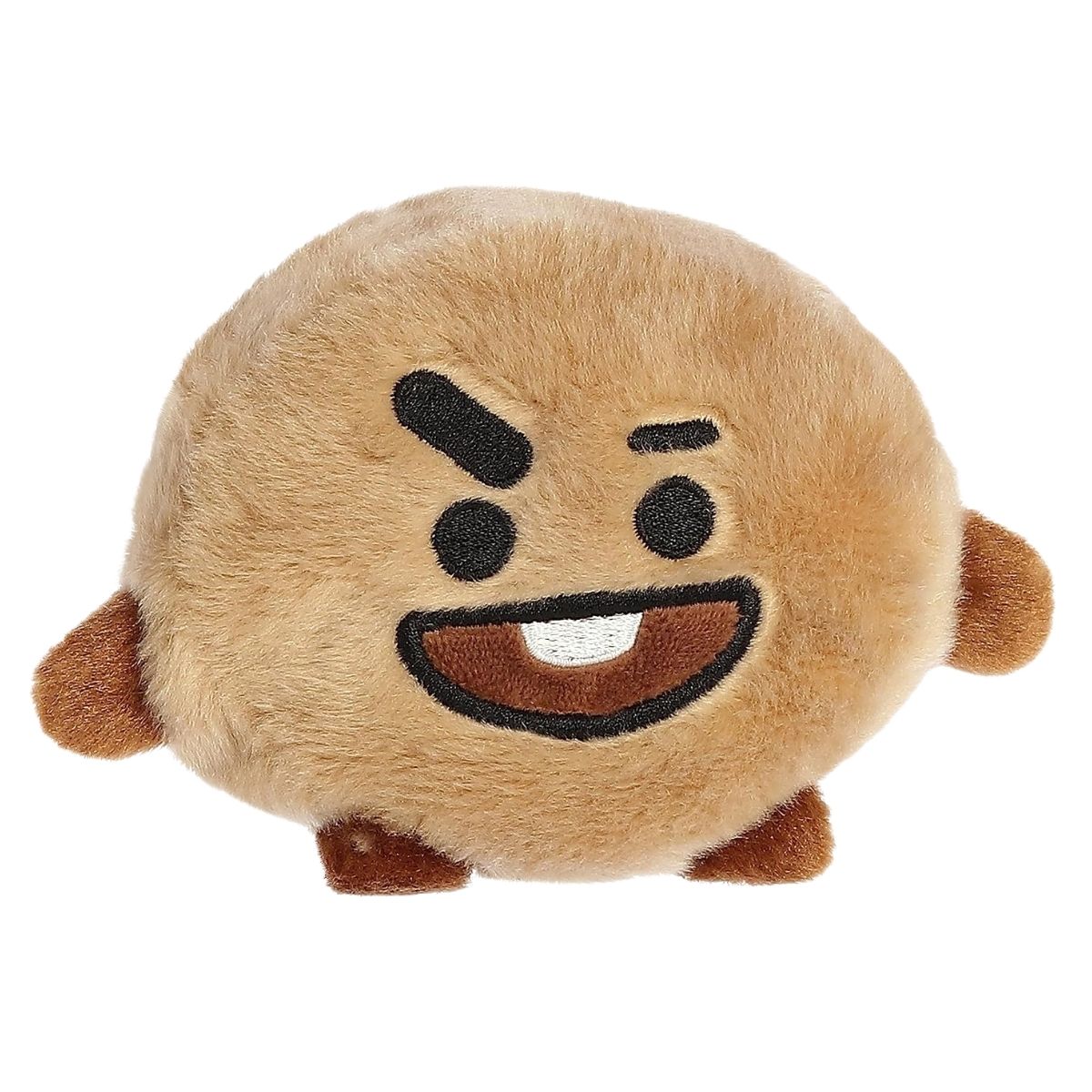 Aurora 5-inch Palm Pals BT21 SHOOKY plush toy showing its round brown cookie-shaped body, mischievous embroidered face with a slanted eyebrow, a wide grin with a single tooth, and tiny stubby arms.