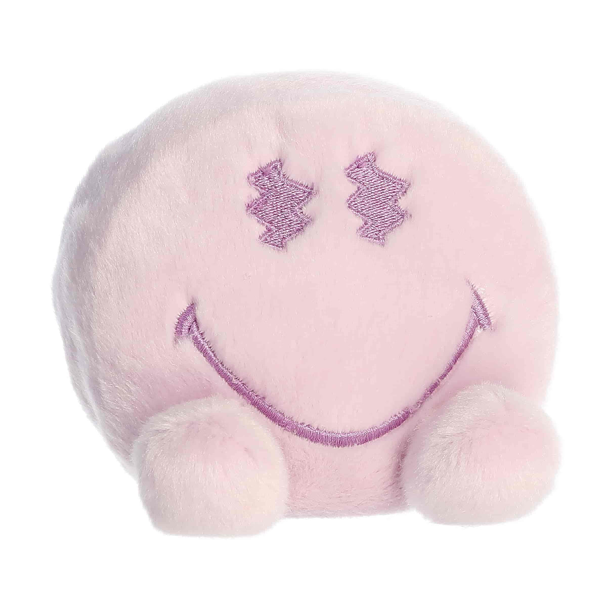 Front angled view of the 5-inch Aurora Palm Pals SmileyWorld Vibe plush toy featuring a round lavender purple body, star-shaped eyes, and a wide embroidered smile.