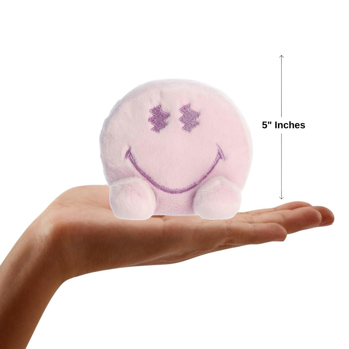 Sizing graphic showing the 5-inch Palm Pals SmileyWorld Vibe plush sitting perfectly in the palm of a hand to demonstrate its small scale.