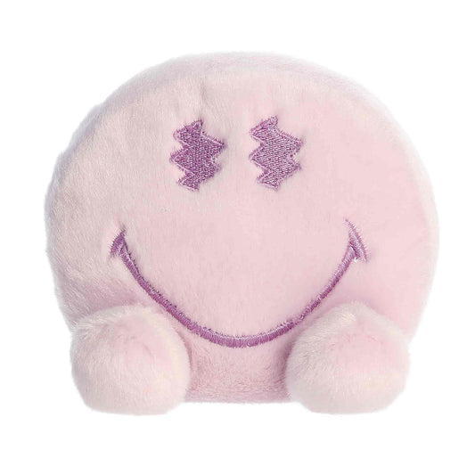 Straight front view of the sitting purple smiley face plush showing its starry-eyed embroidered expression and little plush feet.