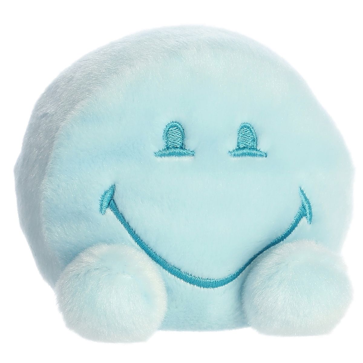 Front angled view of the 5-inch Aurora Palm Pals SmileyWorld Bliss plush toy featuring a round sky blue body and a wide embroidered smile.