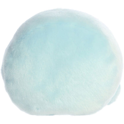 Back view of the Aurora blue smiley plush showcasing its soft, sky blue plush texture.
