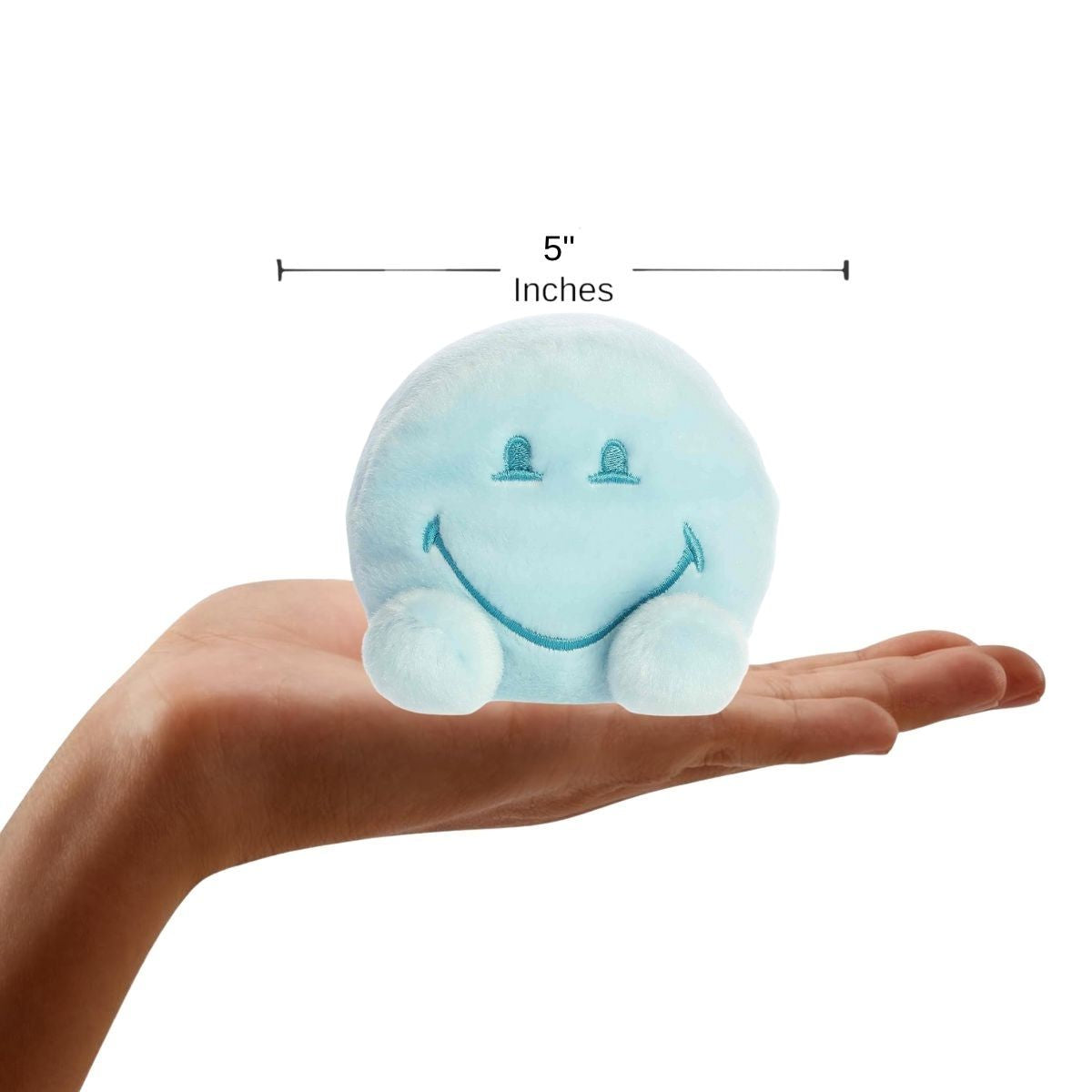 Sizing graphic showing the 5-inch Palm Pals SmileyWorld Bliss plush sitting perfectly in the palm of a hand to demonstrate its small scale.