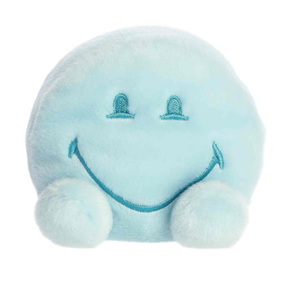 Straight front view of the sitting blue smiley face plush showing its happy embroidered expression and little plush feet.