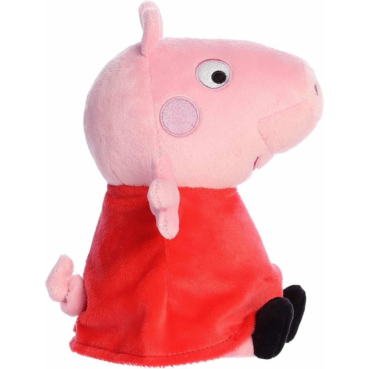 Side profile of the Aurora Peppa Pig plush highlighting her snout and curly pink tail.