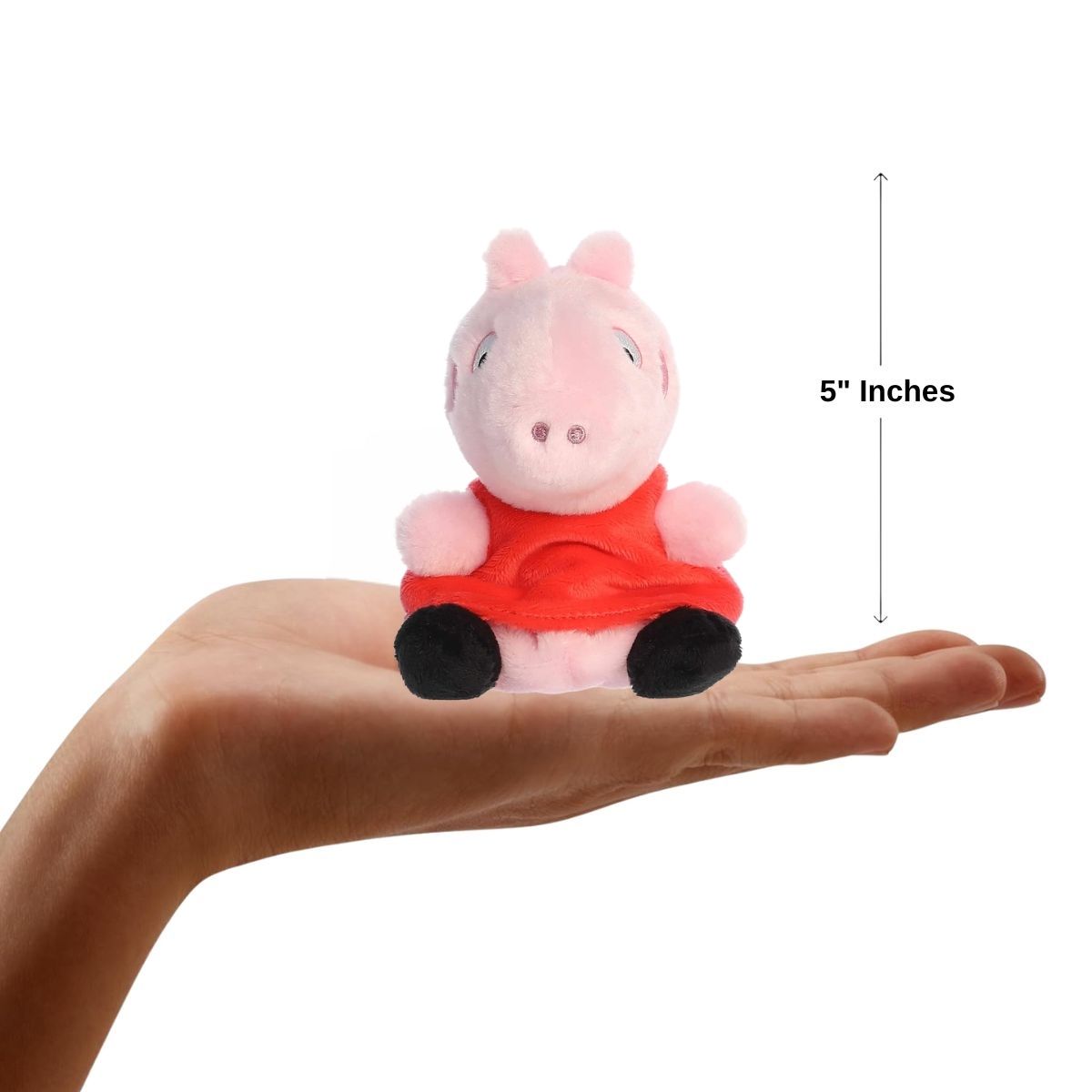 The miniature Peppa Pig plush sitting inside an open human hand displaying a 5-inch height indicator graphic.