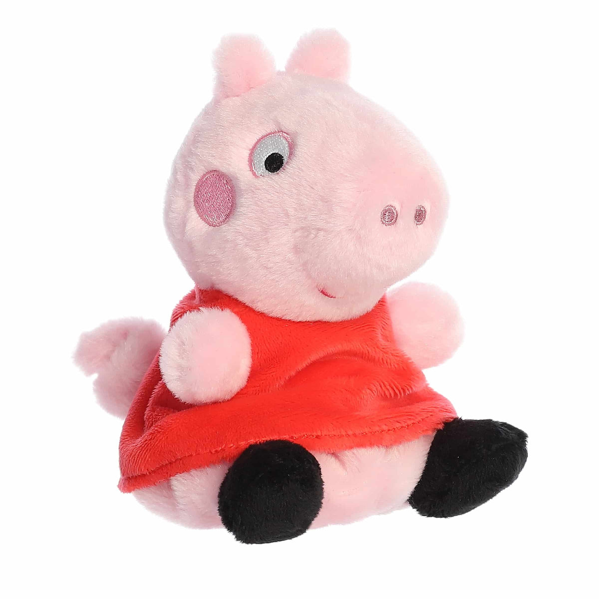 Aurora Palm Pals Peppa Pig 5-inch plush stuffed toy sitting angled forward with a soft pink head and her signature red dress.