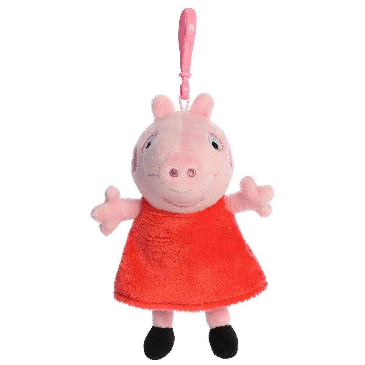Straight front view of the Peppa Pig backpack clip showing her embroidered face, rosy cheeks, and outstretched arms.