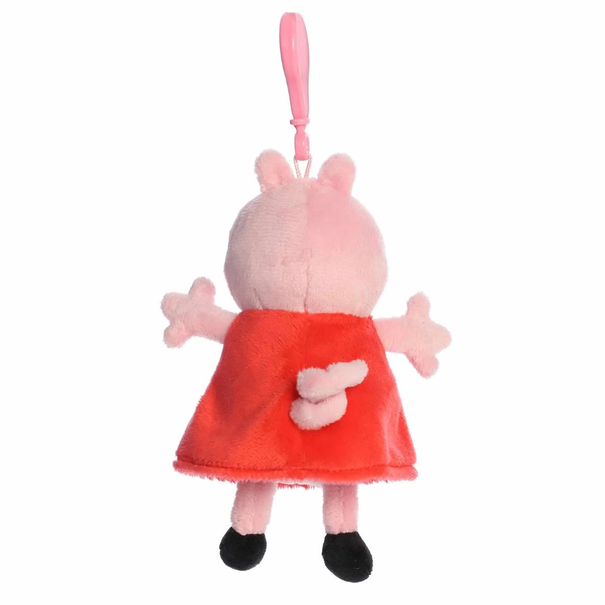 Back view of the Aurora Peppa Pig plush showcasing her soft pink curly tail and the plastic hanging clip.