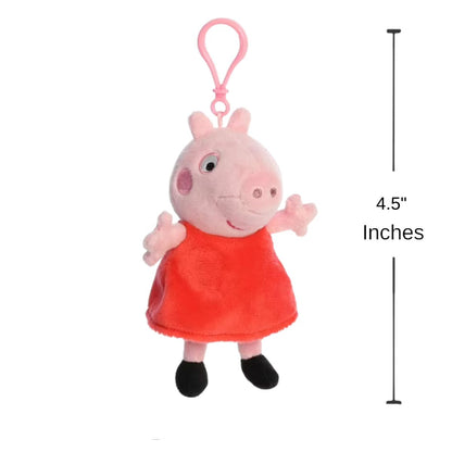 Sizing graphic showing the 4.5-inch Peppa Pig plush keychain alongside a measurement line to demonstrate its miniature scale.