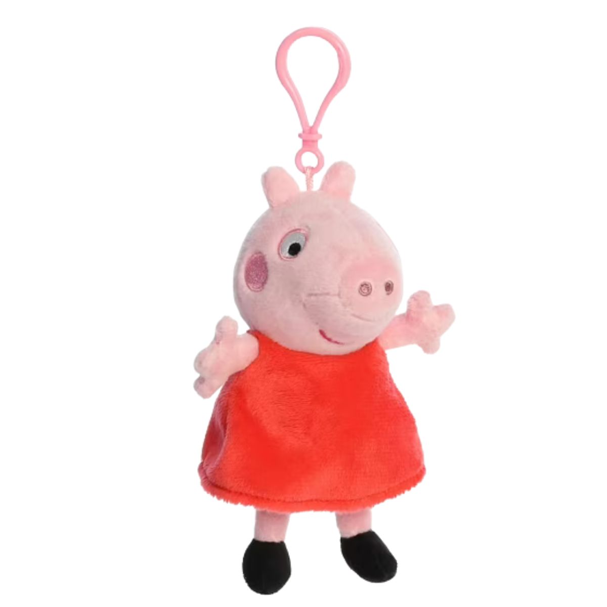 Front view of the 4.5-inch Aurora Peppa Pig plush keychain featuring her red dress and a pink plastic clip.