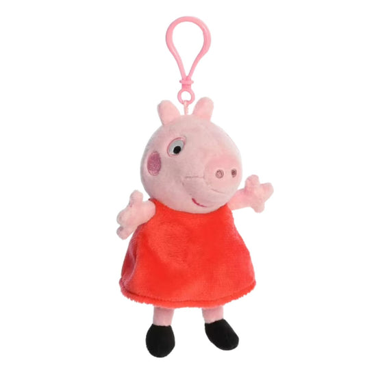 Front view of the 4.5-inch Aurora Peppa Pig plush keychain featuring her red dress and a pink plastic clip.