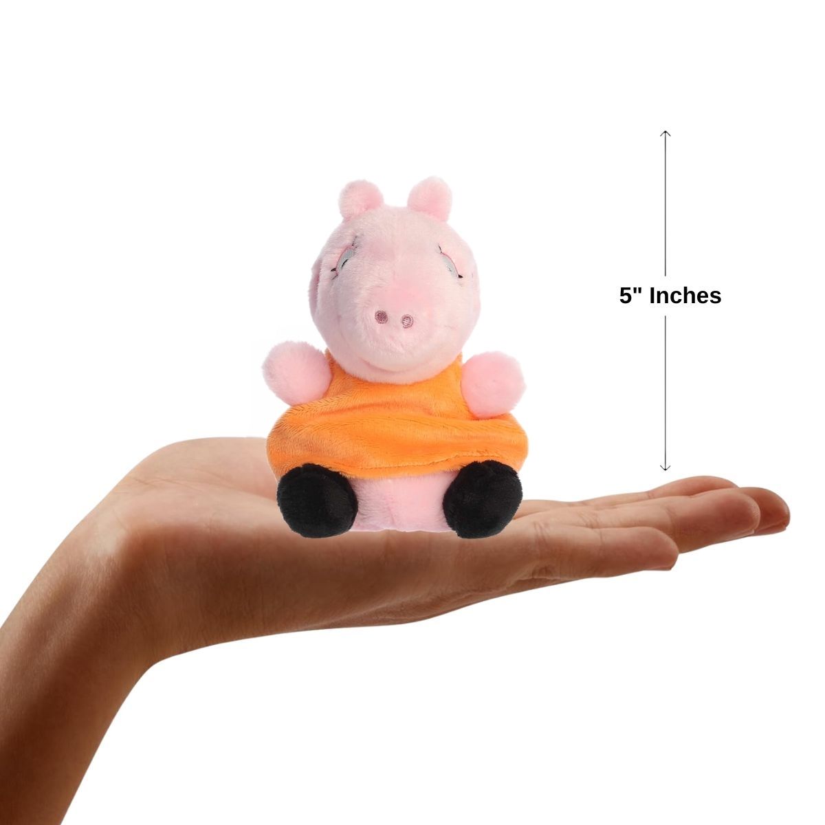 The miniature Mummy Pig plush sitting inside an open human hand displaying a 5-inch height indicator graphic.